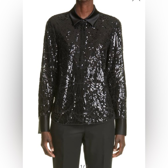 Lafayette 148 Scottie black blouse in terra sequin pattern - Picture 6 of 11